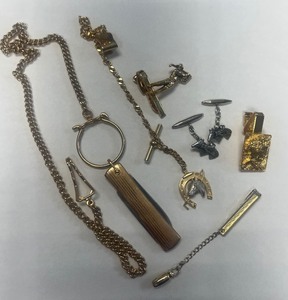 lot 138 image: Vintage Pocket Knife Watch Chain Fob, Horse Watch Fob Tie Clips 6 PC lot