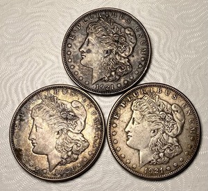 lot 130 image: Three 1921 Silver Morgan Dollars