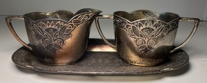 lot 151 image: Vintage Art Deco Nouveau Metal Silver Plated Cream and Sugar Tea Set Made in Japan