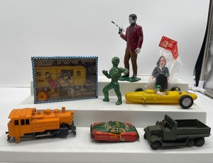 lot 212 image: Vintage Toy Lot Lone Ranger Dexterity Game Tin Litho, Man from U.N.C.L.E. figure, Tin Litho Taxi and More