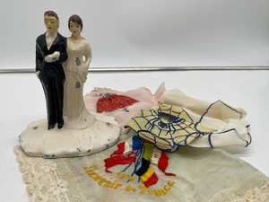 lot 213 image: Vintage Cast Metal Wedding Cake Topper and Vintage Hankies