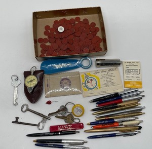 lot 214 image: Misc Lot WWII Opa Ration Tokens, Advertising Pens, Keys, West Germany Mileage Compass