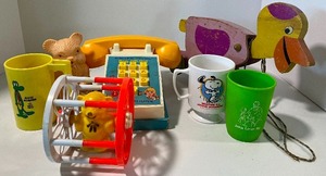 lot 173 image: Vintage Toy Lot Fisher Price Phone, Wood and Rubber Toys