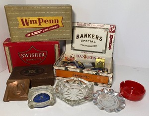 lot 184 image: Vintage Tobacco Smokers Lot Cigar Boxes Ashtrays Matches