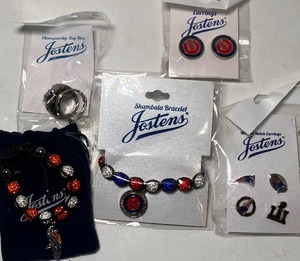 lot 188 image: Jostens Sports Theme Earrings, Bracelets, Key Ring Bronco Cubs Patriots