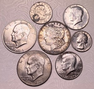 lot 202 image: 1921 Toned Morgan Silver Dollar and Six Additional Coins