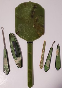 lot 4 image: Six Piece Art Deco Celluloid Green Vanity Set