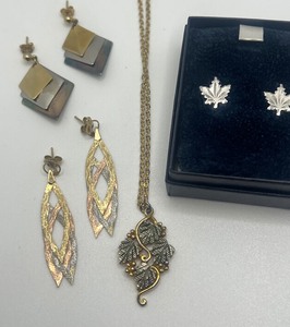 lot 180 image: Lot of Tri Tone and Sterling Silver Jewelry Black Hills Gold Necklace 14K Tri Gold Mesh Flat Snake Braid Earrings