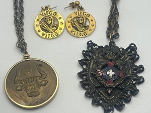 lot 192 image: Vintage Bronze Taurus Zodiac Medallion, Virgo Earrings, Enameled Military Style Medallion