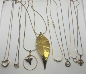 lot 206 image: Vintage Gold Necklaces, Gold Dip Leaf, Mini 14K Diamond Ring Shark Tooth