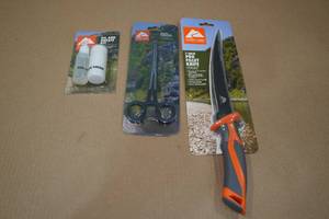 lot 62 image: Ozark Trail Fillet Knife, Reel Oil & Grease Kit, and Forceps