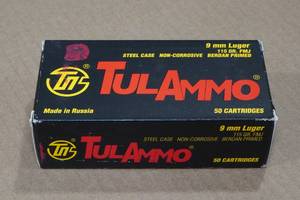 lot 153 image: 50 TulAmmo 9mm Luger 115 Gr FMJ Steel Case Ammo