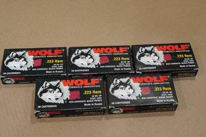 lot 175 image: 100 Wolf .223 Rem 55 Gr HP Steel Case Ammo