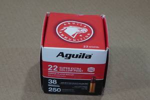 lot 185 image: 250 Aguila .22 LR 38 Gr Plated HP Ammo
