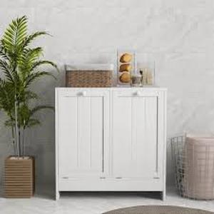kleankin Floor Cabinet White 26.75 in. Accent Cabinet Office Storage Cabinet with 2-Shelves and Modern Clothing Storage Basket  Customer Returns See Pictures