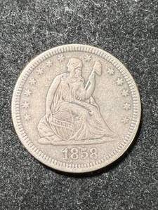 1858 US SEATED LIBERTY QUARTER XF