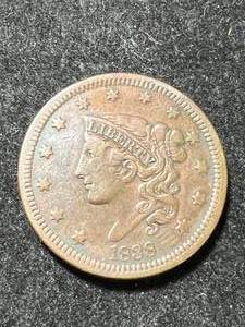 1838 US CORONET HEAD LARGE CENT VF30