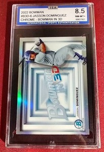 lot 62 image: 2022 Bowman Jasson Rodriguez Prospect Refractor Card - ISA 8.5