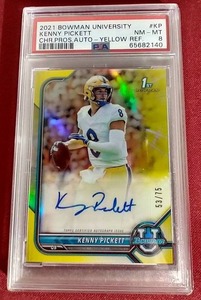 lot 117 image: 2021 Bowman University Kenny Pickett Yellow Chrome Refractor #d75 - PSA 8