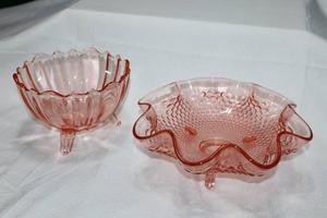 lot 10 image: Vintage Fenton 1930s Pink Hobnail Footed Nappy Candy Dish Crimped Edge, Pink Glass Draped Footed Candy Dish