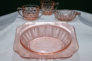 lot 12 image: Jeanette Pink Depression Prism Glass Cream & Sugar, Spoon Rest, Jeanette Glass Adam Pink Serving Bowl
