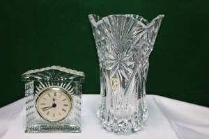lot 30 image: Cristal DArgues France 24% Lead Crystal Clock, Cristal JG Durand Vincennes Cut Glass VaseAMAZING Pieces