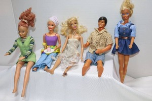 lot 4 image: 1968 Ken 1966 Barbie Doll Mattel Malaysia, 1966 1996 Barbie Indonesia, 1987 Totsy (Green Dress)