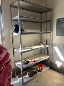 lot 109 image: GarageShopMetal Shelving Unit, Wood Saw Horses