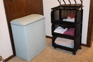 lot 80 image: Vintage Hamper, Stacking Rolling Bin Cart wRags, Over-the-Door Hanger