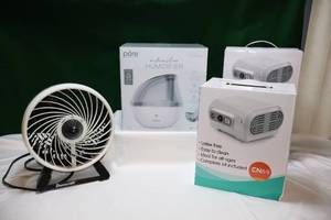 lot 42 image: Home HealthNebulizer Compressor CN69 1-New 1-OpenBox, Pure MistAire Silver Humidifier DuraCraft 10-Inch Fan
