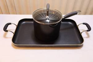 lot 117 image: Kitchen EssentialsAnolon Advanced 3-12 Qt Kettle wPour Spouts and Steam Release GlassMetal Lid, T-Fal Non-Stick Stovetop Griddle