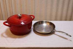 lot 116 image: Kitchen Essentials6.5 Qt Red Cast Iron Dutch Oven Covered Kettle, Revere 10-Inch Frying Pan