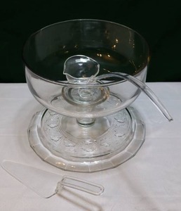lot 121 image: Entertaining EssentialsAvalon By Anchor Hocking 2-PC. Footed 12-Inch Glass Cake Plate Dome Punch Bowl WServing Utensils