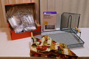 lot 127 image: Entertaining EssentialsGreen Mesh Serving Tray Basket, Napkin Holder and Assorted MetalPlastic Silverware