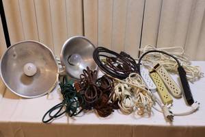 lot 146 image: Utility ClosetClamp Work Lights, Extension Cords, Surge Protectors Etc