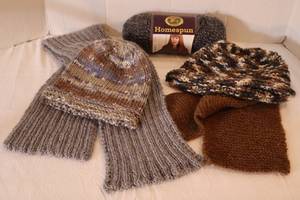 lot 169 image: Hand Knit Crocheted Hat Scarves and Lion Brand Skein