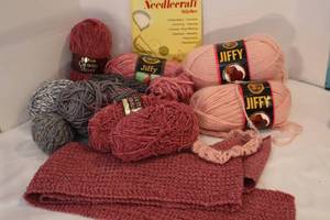 lot 171 image: Knitting Crocheting Bulk YarnLions Brand Jiffy, Hayfield Crushed Velvet, Scarf and Project Started