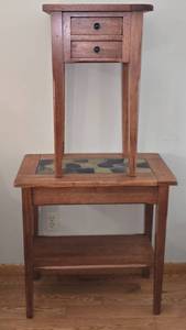 lot 16 image: Pair of Coordinating World Market Stone Surface Occasional Tables