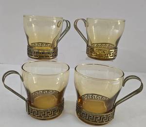 lot 155 image: Vintage Set of Glass Mugs with Metal Holders