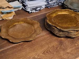 lot 1008 image: Lot of (12) 13-12 Plastic Round Chargers BronzeGold Finish by Palate & Plate