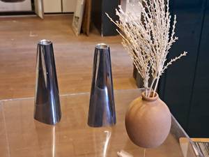 lot 1101 image: (2) Metal Candleholders and (1) Globe Vase with Faux Flowers