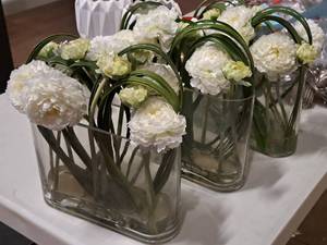 lot 1136 image: Lot of (3) Glass Oval Flower Vases with Faux Flowers (Clear)