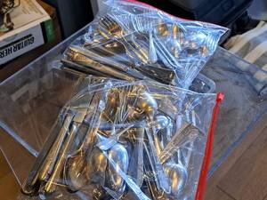 lot 1137 image: Lot of (2 Bags) Assorted Utensils - Knifes, Forks and Spoons