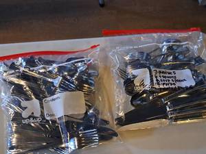 lot 1146 image: Lot of (2 Bags) Assorted Utensils - Knifes, Forks, Soup Spoons, Teaspoons, Spoons