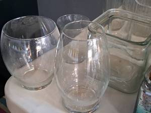 lot 1503 image: Lot of (4) Assorted Clear Glass VasesCandleholders