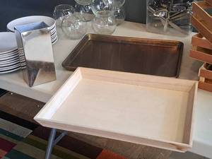 lot 1511 image: Metal Container, Wooden Serving Tray, Metal Sheet Pan