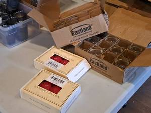 lot 1567 image: (18) 2x2-12 Clear Votive Holders by Eastland and (2 Boxes) Unscented Votive Candles 12-count (Red)