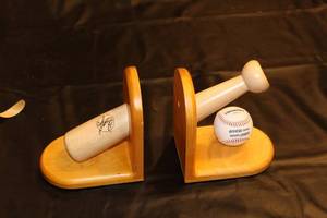 lot 29 image: Baseball Themed Wooden Bookends with Bat and Ball Design