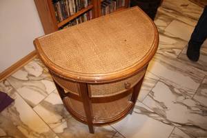 lot 55 image: Vintage Half-Moon Wicker Accent Table with Drawer
