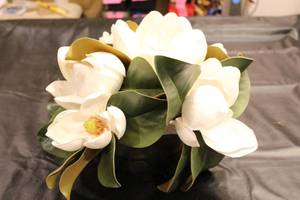 lot 73 image: Artificial Magnolia Flower Arrangement with Glass Vase